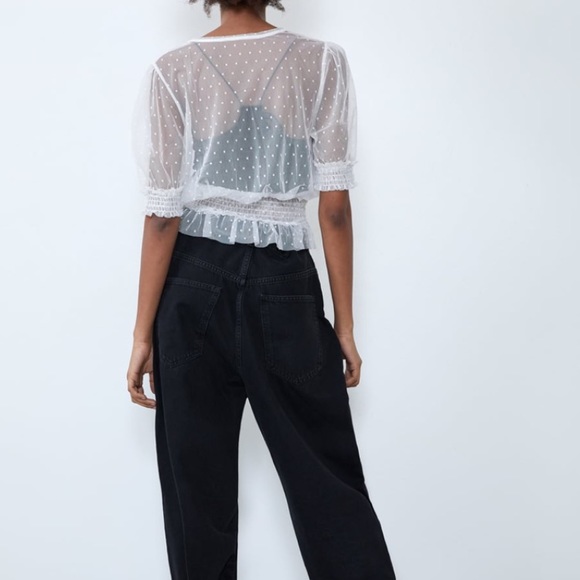 🌞NWT Zara Semi Sheer Polka Dot White Top M - Picture 4 of 7